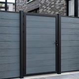 Gray WPC fence single gate installed in a matching horizontal privacy fence