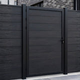 Black WPC fence single gate installed in a matching horizontal privacy fence
