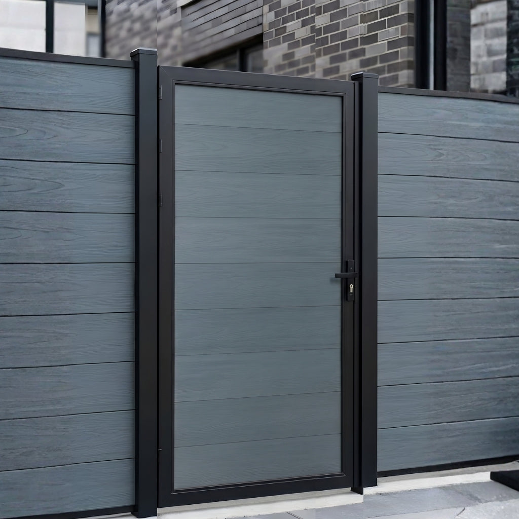Light gray WPC fence gate installed within matching horizontal privacy fencing