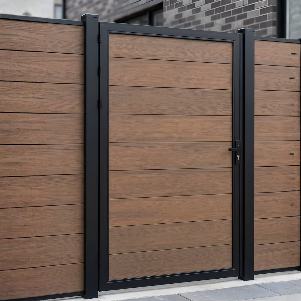 Brown WPC fence single gate installed in a matching horizontal privacy fence