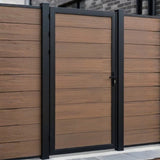 Brown WPC fence gate installed within matching horizontal privacy fencing